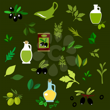 Olive fruits and fresh herbs flat icons of green and black olive fruits, bottles of olive oil, marinated olives and twigs of rosemary, dill, thyme, basil, parsley