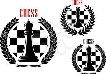 Chess tournament or club icons with black queens on checkered background, framed by laurel wreaths