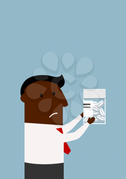 Sick african american businessman with prescription bottle in hands choosing a pills from headache. For healthcare concept design, cartoon flat style