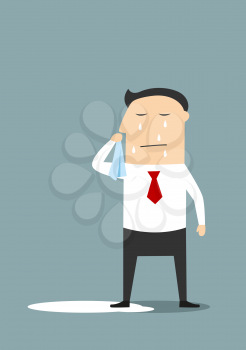 Crying businessman standing in a pool of his tears, for depression or negative emotions concept. Cartoon flat style