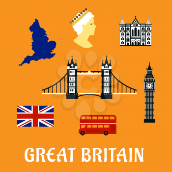 Great Britain travel flat symbols and icons of national flag, map, Tower bridge, Big Ben, cathedral and double decker red london bus