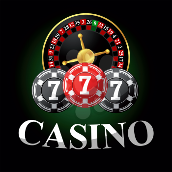 Casino icon with roulette and chips for gambling design on green background