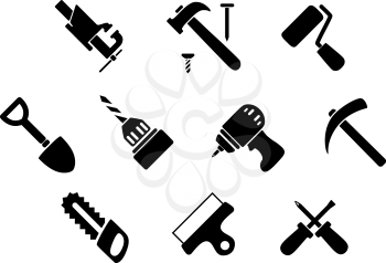 Hammer with nails, crossed screwdrivers, handsaw, shovel, paint roller, bench vice, drill, wide spatula, hammer drill and pickaxe icons