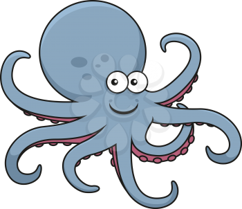 Blue octopus cartoon character with big round head and curved tentacles with pink suckers, for underwater wildlife or mascot design