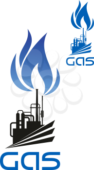 Natural gas industrial processing and distribution icon with plant machinery, pipelines, flare stack and blue flame isolated on white background