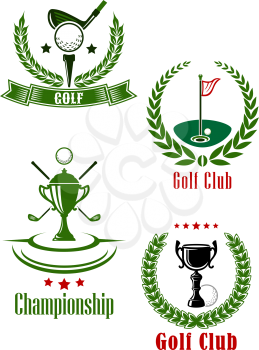 Golf club and championship emblems with trophy, clubs and flagstick framed by laurel wreaths with stars and ribbon banner