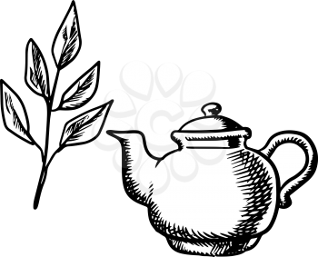 Ceramic teapot with fresh tea leaves isolated on white background, sketch style