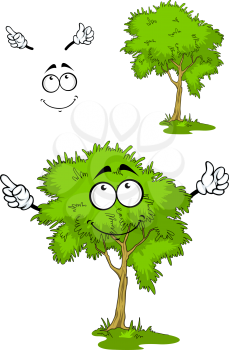 Cartoon green tree character on a grass with pensive smile, isolated on white background