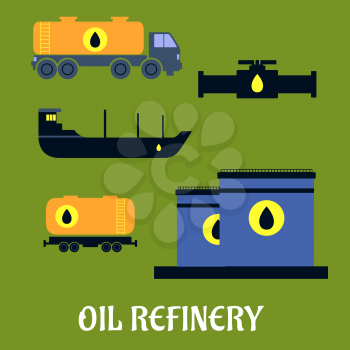 Oil industry concept for storage and transportation icons with tankers, pump, truck and tank icons