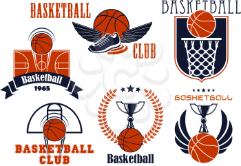 Basketball club or team emblems showing basketball balls with basket and backboard, courts, trophy cups and winged shoes, supplemented heraldic shield, laurel wreath, ribbon banner and stars