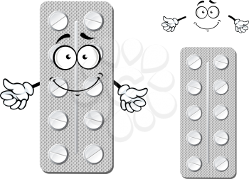 Blister pack of pills cartoon character with white tablets and funny smiling face, for pharmacy or healthcare design