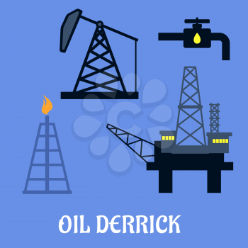 Oil derrick and mining concept with a flat icons of mine head, pipeline refinery and sea oil platform