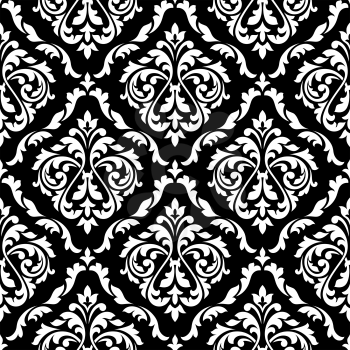 White foliage damask seamless pattern with victorian leaf scrolls, decorated flower buds on black background for luxury wallpaper or interior accessories design