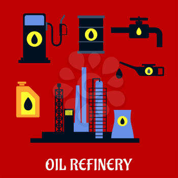Oil refinery flat industrial icons with an industrial plant, oil, pump, pipes and fuel station