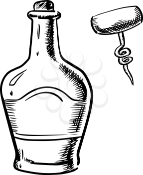 Whiskey in traditional bottle with cork, broad shoulders and corkscrew with wooden handle isolated on white background,  sketch style