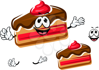 Funny cartoon sweet cake slice with little hands and face, isolated on white background