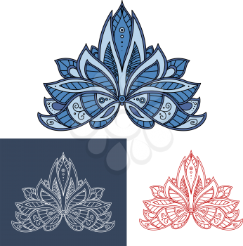 Bold calligraphic floral paisley motif in three color versions in blue and red