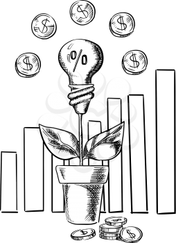 Growth idea light bulb flower and business chart with dollar coins, sketch style