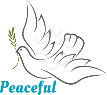 Flying white dove with an olive branch in its beak above the word Peaceful - in blue text