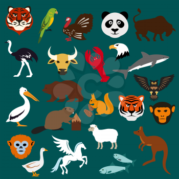 Animal and bird icons including tiger, parrot, panda, bear, kangaroo, pelican, beaver, ostrich, turkey, shark, eagle, lobster, bull, squirrel, owl, monkey, sheep, fish, goose and mythical Pegasus, fla