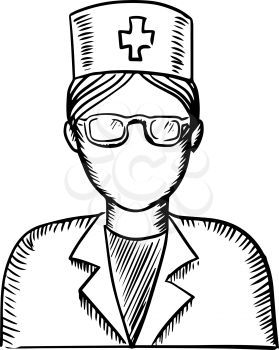 Black and white sketch of a female doctor or nurse wearing glasses and a uniform
