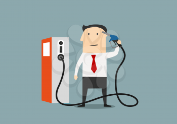 Businessman refuelling his brain from a pump marked with an icon for information and knowledge, or price of gasoline
