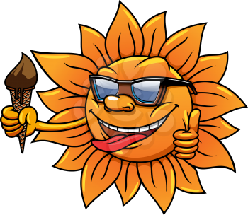 Cartoon hot happy sun character in sunglasses with chocolate ice cream