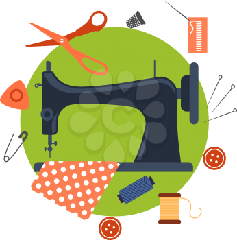 Colorful flat sewing icons surrounding a sewing machine with pin, thread, yarn, thimble, button and cloth