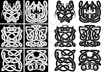 Snakes and reptiles celtic patterns in black or white colors. For art or tattoo design