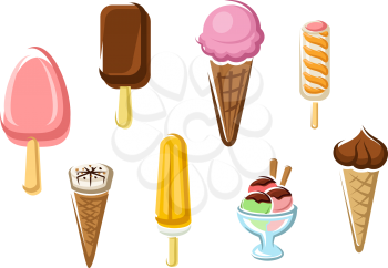 Ice cream icons with frozen suckers, ice cream cones and a sundae