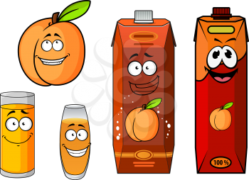 Cartoon apricot juice cardboard packs with fresh orange apricot fruit and glasses, with funny smiling faces. For drink packaging or advertisement design