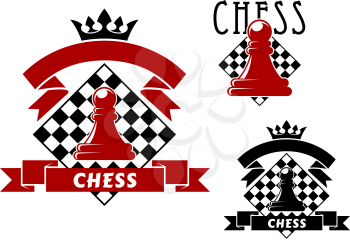 Chess sporting game icons with red and black pawns, turned by chessboards on background. Decorated by ribbon banners with crowns
