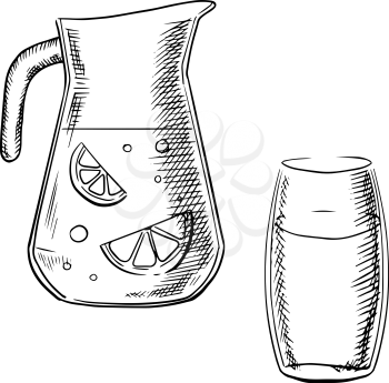 Jug and glass filled with fresh lemonade with slices of lemon fruit and bubbles isolated on white background, outline sketch style