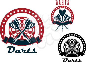 Darts retro emblems or logo with arrows and dartboard, supplemented by stars and ribbon banners