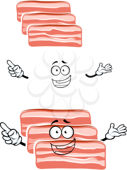 Cheerful cartoon fresh bacon character with rashers of streaky pork belly meat. For butcher shop or breakfast menu design