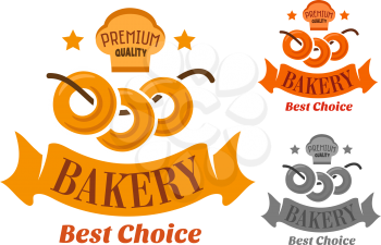 Bakery premium quality icons with soft sweet bagels on string with baker hat and stars above, decorated by ribbon banner, cartoon style in yellow, orange and gray color variations