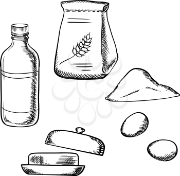 Paper bag of flour, fresh eggs, bottle of milk, and butter homemade dough ingredients in outline sketch style