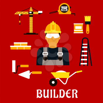 Builder profession concept with man in protective glasses and yellow hard hat with stepladder, paintbrush and paint can, ruler, brick wall, trowel and paint roller, tower crane and wheelbarrow. Flat s
