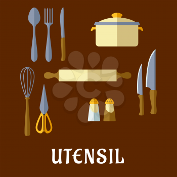 Kitchenware and utensil flat icons with spoon, fork, knife, rolling pin, pans, spices and salt