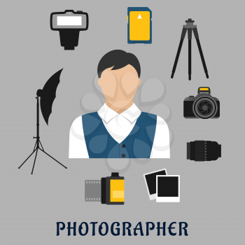 Photographer profession flat icons with man surrounded by digital camera, lens, tripod, memory card, camera film, instant films, flash and lightning umbrella