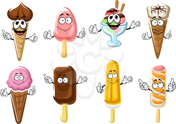 Happy cartoon ice cream cones, popsicles and ice cream sundae characters with chocolate, strawberry, vanilla and berry flavors. For food snack or dessert menu design