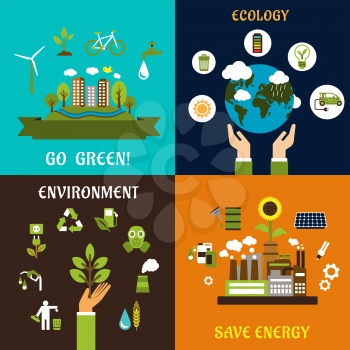 Environment, ecology, nature protection and save energy flat icons with green city landscape, sustainable energy symbols, eco friendly industrial plant, ecology, recycle, earth, transport and bio fuel
