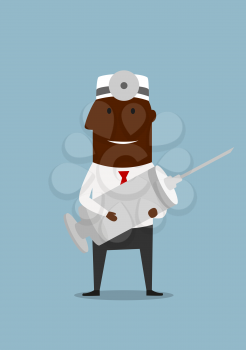 African american doctor in white cap with frontal reflector holding huge syringe. For healthcare or medicine theme design. Cartoon style 