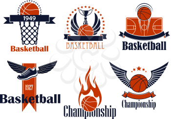 Basketball sport icons with balls and wings, stars and flame, trophy cup, winged shoes, court and basket, supplemented by ribbon banners