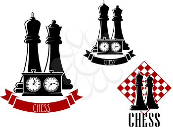Chess tournament icons with black kings and queens behind game clock, decorated by ribbon banner and another variant with chessboard