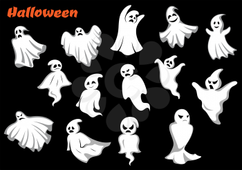 Flying Halloween monsters and ghosts isolated on dark background. For seasonal holiday and party theme design