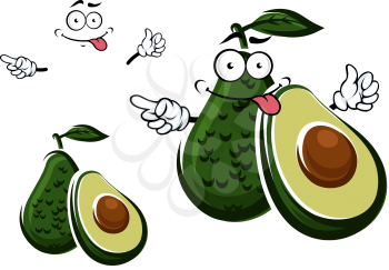 Ripe tropical whole and half avocado fruit cartoon character with dark green leaf and large round seed on the cut