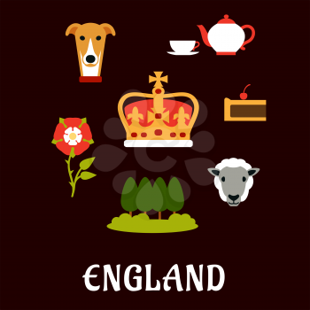 England traditional symbols flat icons with heraldic tudor rose, park landscape, royal dog, tea set, pie, sheep and Emperor crown