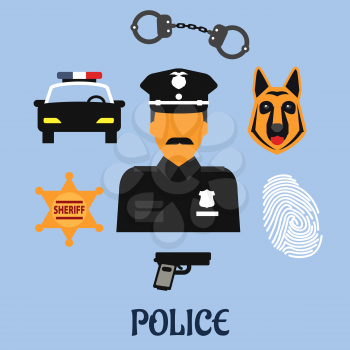 Police profession flat icons with officer in black uniform and peaked hat with handcuffs, gun, police car, sheriff star badge, fingerprint and police dog