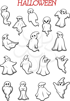 Eerie flying Halloween ghosts and monsters isolated on white background for party and holiday theme design